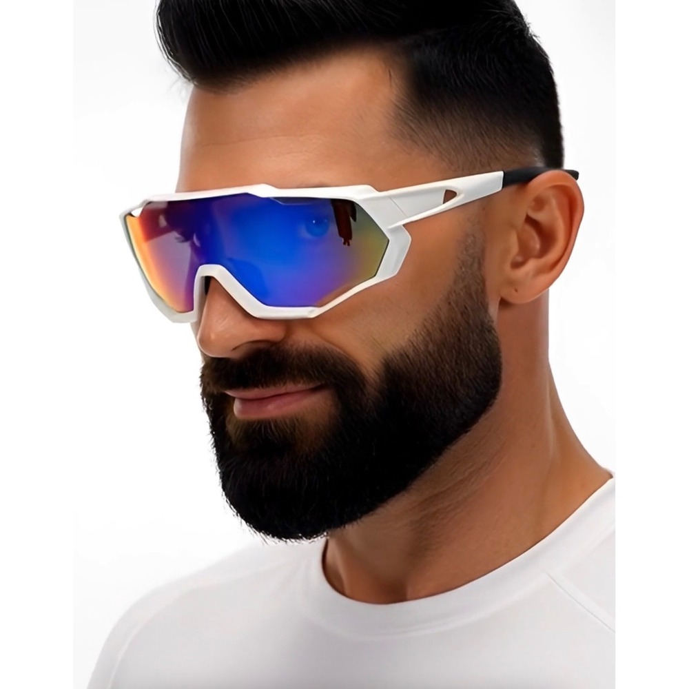 White Sport Cycling Sunglasses Iridescent Blue Purple Shield Lens Wrap Around